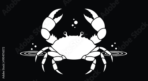 White silhouette of a large crab with pincers and bubbles on a solid black background with ripples in the water.