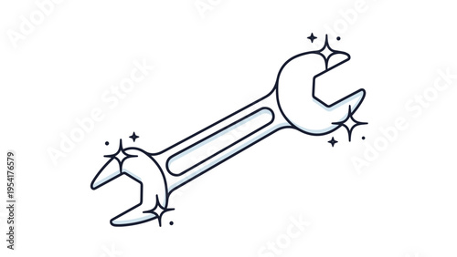 Shiny silver double ended wrench tool surrounded by sparkles to illustrate a new or well maintained piece of hardware equipment.