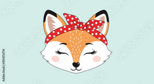 Cute fox girl with a red and white polka dot headband and closed eyes in a sweet cartoon style illustration.