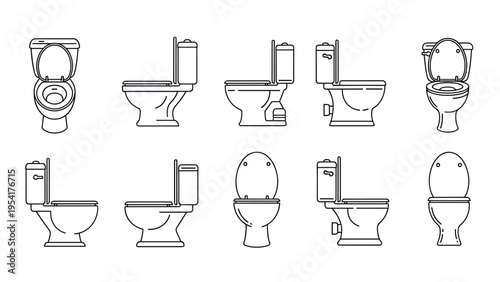 Detailed set of various toilet bowl icons shown from different angles in a clean line art style for bathroom design planning.