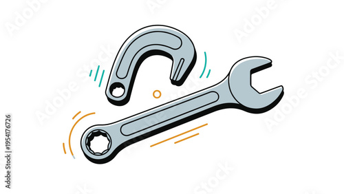 Pair of silver mechanic tools including a wrench and a specialized curved tool shown with motion lines for repair concepts.