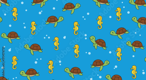 Seamless underwater pattern with cute cartoon turtles and seahorses swimming among bubbles on a blue background.