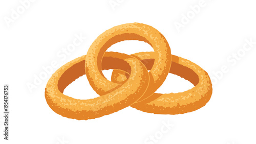 Three golden brown crispy onion rings linked together in a chain formation representing a popular fast food snack or appetizer.