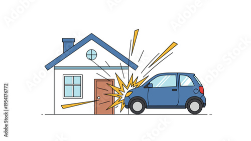 Blue compact car crashing into the front door of a white house with an orange explosion effect to illustrate a vehicle accident.