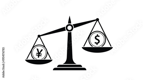 Classic balance scale comparing the value of a Japanese yen coin against a United States dollar coin in black and white.