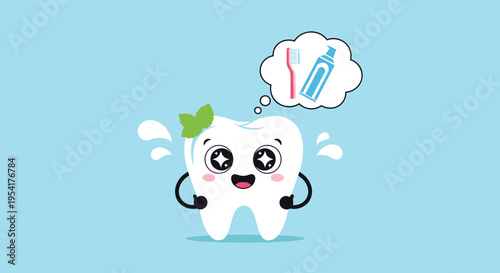 Happy white tooth character with sparkling eyes and a mint leaf thinking about a toothbrush and toothpaste.