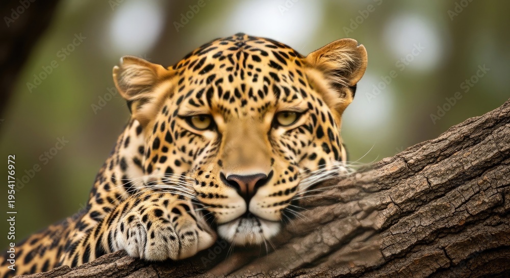 Naklejka premium A leopard resting on a tree branch in the wild