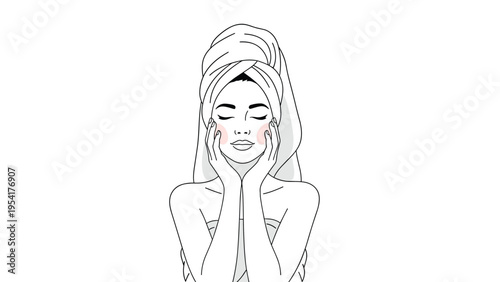Beautiful young woman with a white towel wrapped around her hair touching her face gently as part of a daily skincare routine.