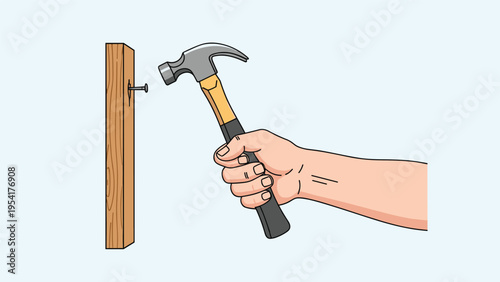 Human hand firmly holding a hammer while driving a metal nail into a vertical wooden board against a light blue background.
