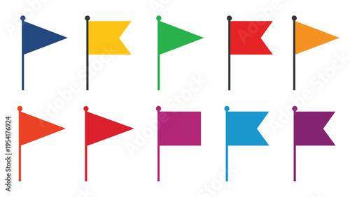 Diverse collection of ten small colorful triangular and rectangular pennant flags on poles for decoration or identification.