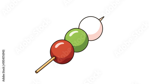 Traditional Japanese sweet dango treat featuring three colorful dumplings in pink green and white skewered on a wooden stick.