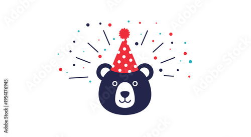 Cute black bear head wearing a red polka dot party hat surrounded by colorful confetti in a celebration illustration.