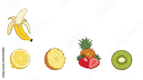 Assortment of fresh fruit icons including a banana lemon slice pineapple chunks strawberry and a half kiwi for healthy eating.