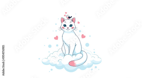 Beautiful white cat sitting on a fluffy blue cloud with a small bird on its head and pink hearts floating around.
