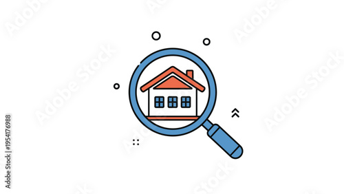 Blue magnifying glass focusing on a small house icon to represent property search home inspection or real estate investigation.