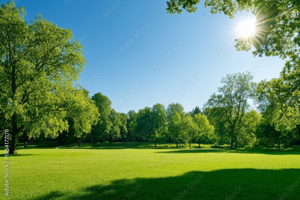 Fototapeta premium Sunny day at a green park with trees under a clear blue sky in spring or summer