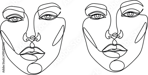 Vector illustration set of young woman faces with different hair and cartoon expressions, featuring funny character head drawings and black mask sketches for a creative comic art design