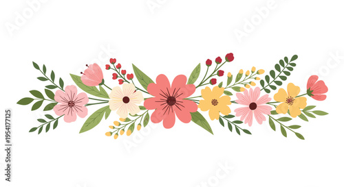Horizontal floral arrangement featuring pink yellow and cream flowers with green leaves on a plain white background.