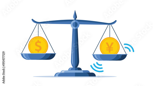 Balance scale holds a golden US dollar coin and a japanese yen coin representing foreign currency exchange and economic equality.