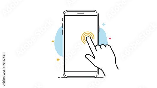 Human hand uses a finger to touch a modern smartphone screen displaying interactive circular waves for mobile app navigation concepts.