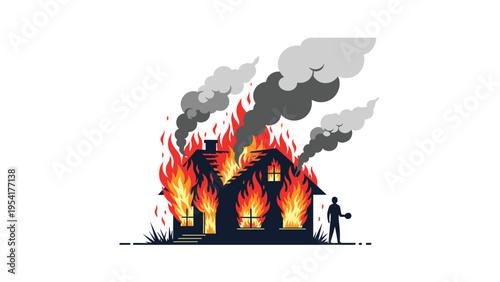 Silhouette of a person stands helplessly as a residential house is engulfed in bright flames and thick dark smoke during a fire incident.