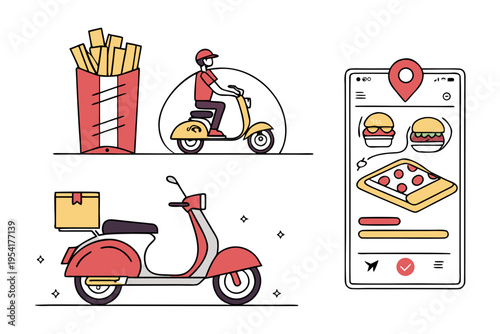 A vector graphic illustration of a food delivery service with a scooter and smartphone