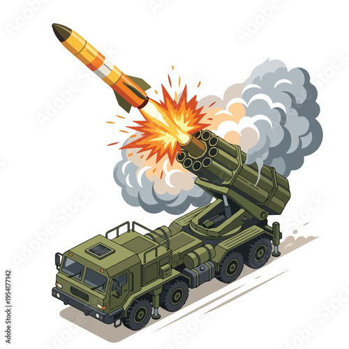 isometric vector missile launcher vehicle launching a missile 10