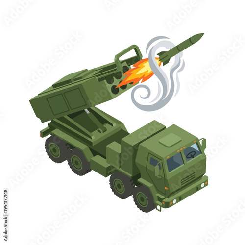 isometric vector missile launcher vehicle launching a missile 010