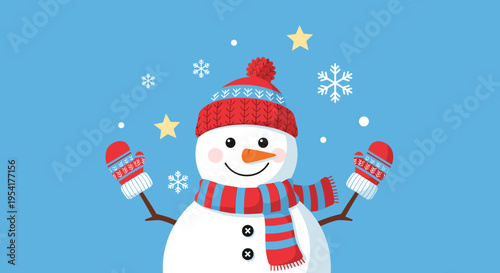 Smiling snowman wearing a red knitted hat and mittens with a blue and red striped scarf stands on a blue background with snowflakes.