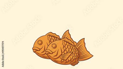 Two golden brown taiyaki fish-shaped cakes rest together as a traditional japanese snack filled with sweet red bean paste or custard.