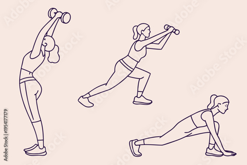 A vector graphic illustration of a woman performing a series of exercises with dumbbells in a minimalist line art style