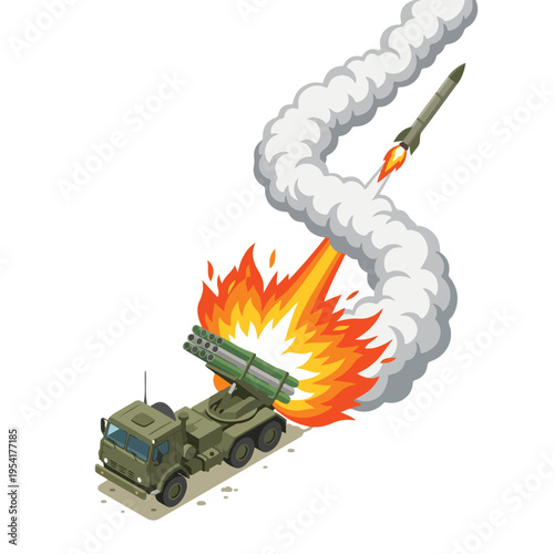 isometric vector missile launcher vehicle launching a missile 9