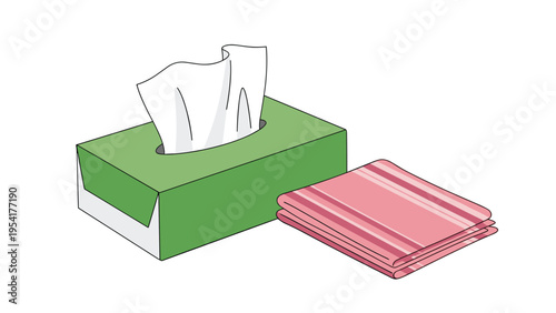 Green tissue box with a white paper coming out sits next to a folded pink striped cloth for hygiene and cleaning purposes at home.