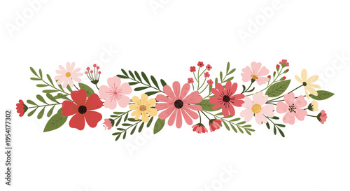 Beautiful horizontal floral border features an arrangement of pink, red, and yellow daisies and wildflowers with green leaves and stems.