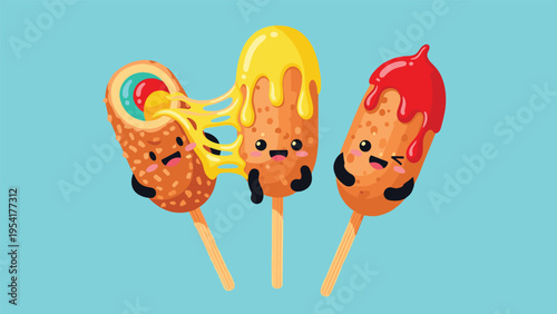 Three adorable cartoon corn dogs with cheerful faces are decorated with melting cheese, ketchup, and colorful sprinkles on a blue backdrop.