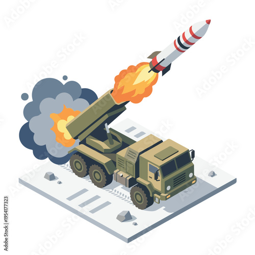 isometric vector missile launcher vehicle launching a missile 05