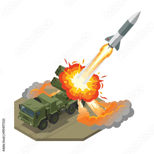 isometric vector missile launcher vehicle launching a missile 7