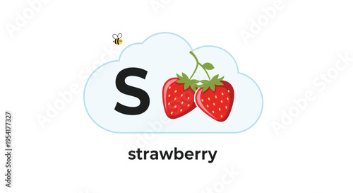 Childrens alphabet card for the letter S features a pair of bright red strawberries on a light blue cloud background.