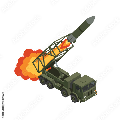 isometric vector missile launcher vehicle launching a missile 008