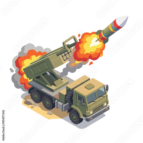 isometric vector missile launcher vehicle launching a missile 04