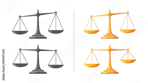 Collection of four traditional balance scales in grey and gold colors represents legal justice, fairness, and economic equilibrium concepts.