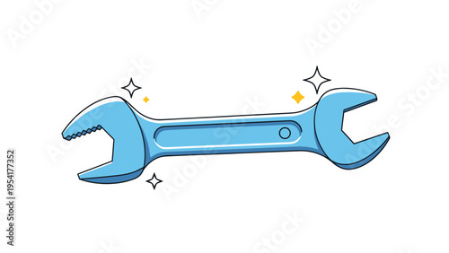 Shiny blue adjustable wrench with sparkling stars symbolizes high-quality maintenance, professional repair services, and clean tools.