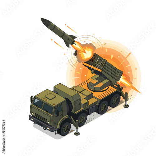 isometric vector missile launcher vehicle launching a missile 6