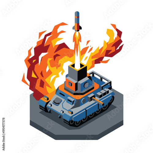 isometric vector missile launcher vehicle launching a missile 009