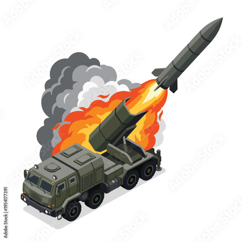isometric vector missile launcher vehicle launching a missile 3