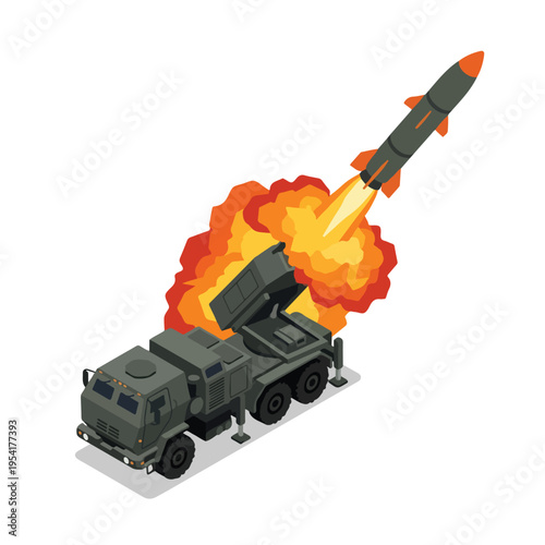 isometric vector missile launcher vehicle launching a missile 004
