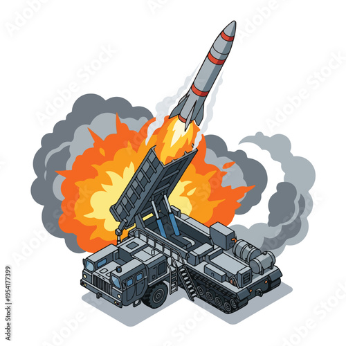 isometric vector missile launcher vehicle launching a missile 5