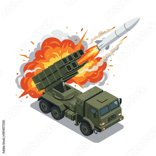 isometric vector missile launcher vehicle launching a missile 01