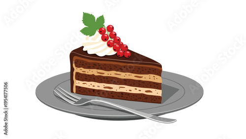 Delicious slice of layered chocolate cake on a grey plate is topped with whipped cream, a green leaf, and red currant berries.