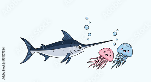 Blue swordfish swims through the water with two cute smiling jellyfish in pink and light blue with bubbles in the sea.